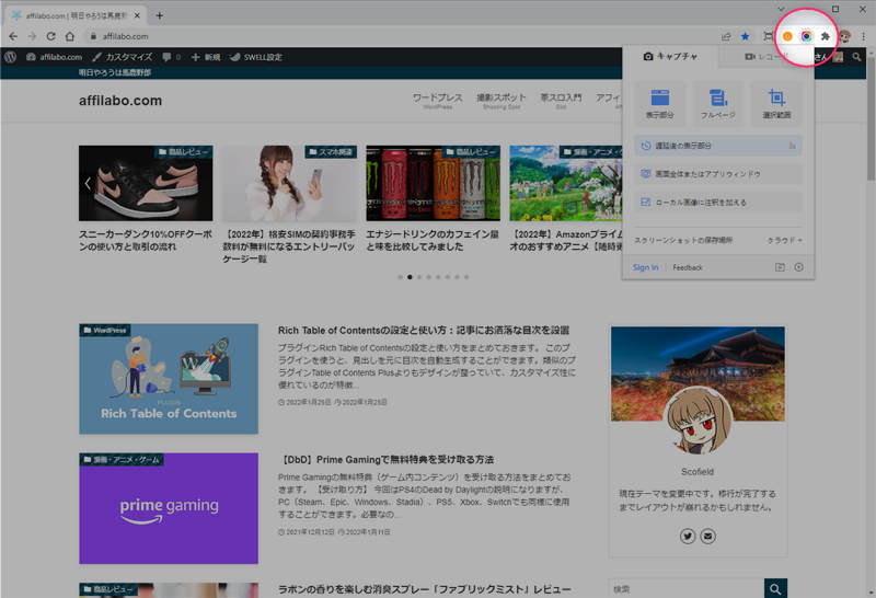 メニュー「Capture entire page」でページ全体をキャプチャ