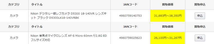 買取価格表